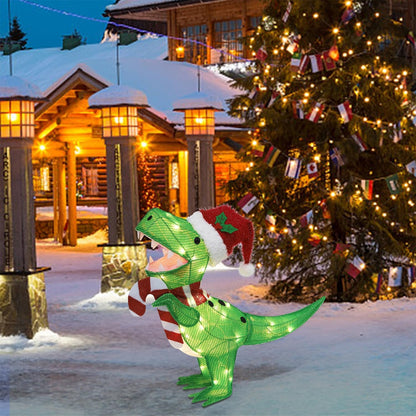 Waterglide Lighted Christmas Dinosaur | 22.5-Inch Pre-Lit 3D Tinsel Tyrannosaurus with Red Hat for Outdoor Holiday Decor