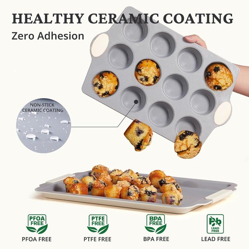 BRONYPRO 12-Cup Non-Toxic Ceramic Muffin Pan - Heavy-Duty, PFOA-Free & Oven Safe, Cream White