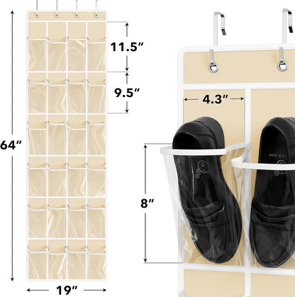 Simple Houseware 24 Pockets - Over The Door Hanging Shoe Organizer | Crystal Clear, Beige (64'' x 19'')