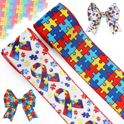 Skiennix Autism Awareness Wired Ribbon - 2 Rolls, 10 Yards, 2.5 Inch Puzzle Piece Design for Crafts & Decorations