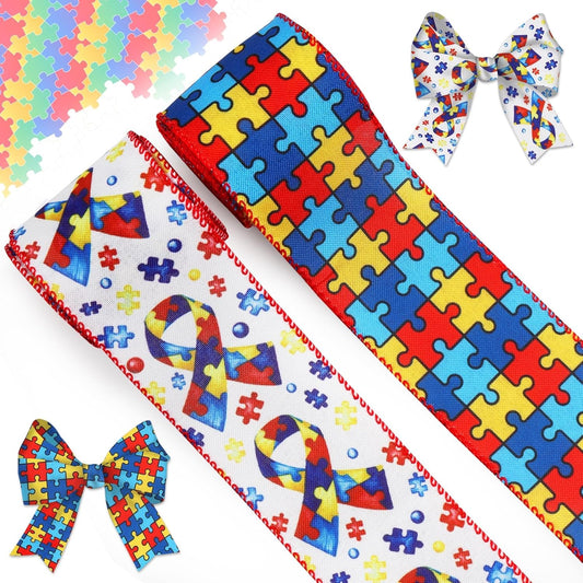 Skiennix Autism Awareness Wired Ribbon - 2 Rolls, 10 Yards, 2.5 Inch Puzzle Piece Design for Crafts & Decorations