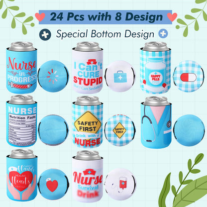 Ninehaoou 24 Pack Nurse Can Coolers Nurses Week Decorations Funny Nursing Day Can Coolers Sleeves for Nurse Graduation Rn Themed Party Nursing Party Decoration Supplies, 8 Styles,12 oz