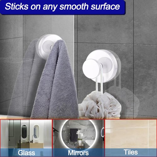 Bntuk Suction Cup Hooks for Shower, Removable Towel Hooks for Bathroom Window Glass Door Wall, Bath Robe Looafh Hook for Hanging - 2 Pack, White