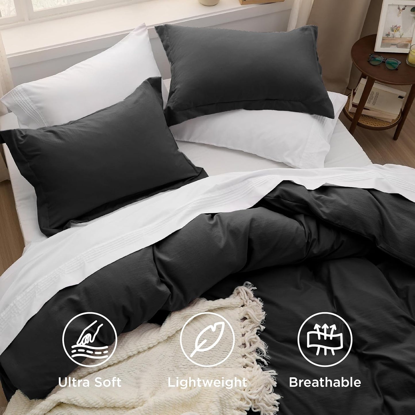 Bedsure Black Duvet Cover Set - Extra Soft Cotton-Like Polyester, Full Size 80x90 Inches, 3 Pieces with Zipper Closure & 2 Pillow Shams