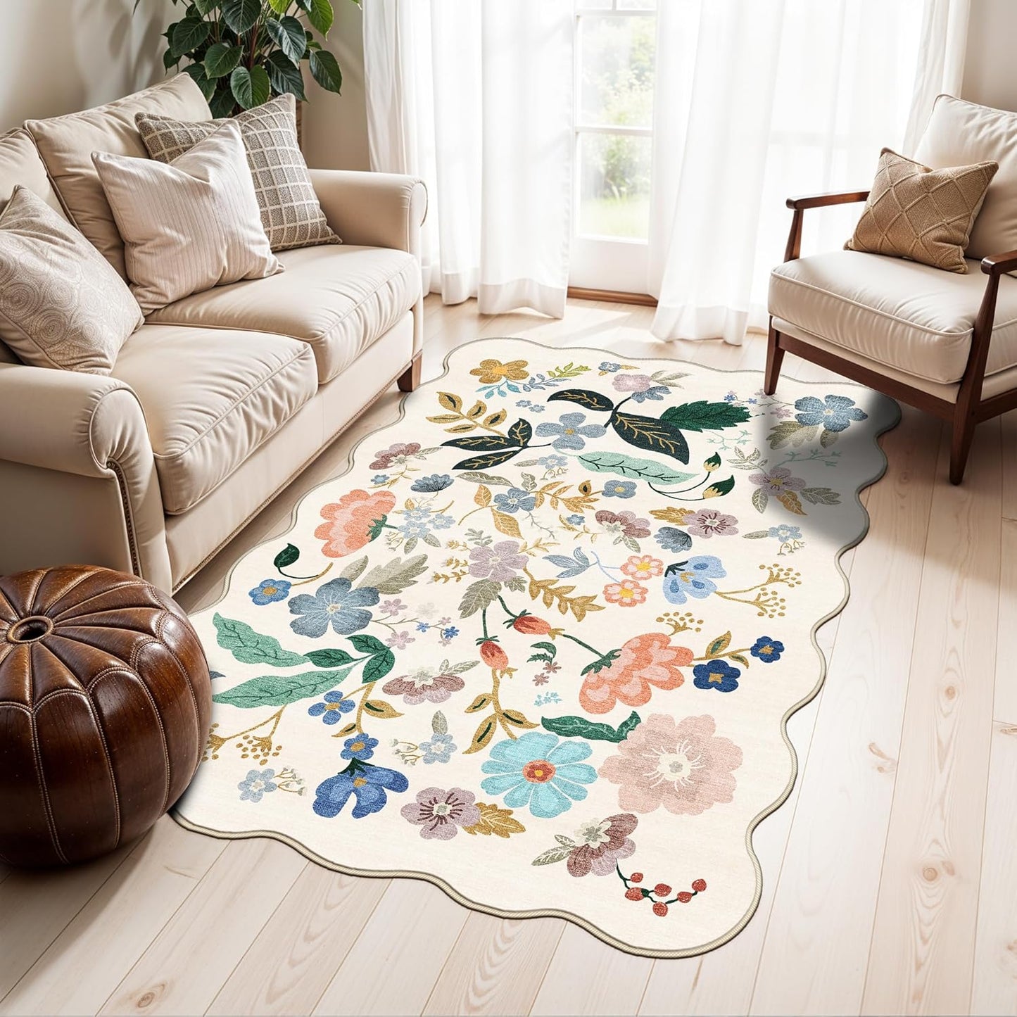 Skiennix Washable 3x5 Area Rug - Ultra Soft Floral Carpet for Kitchen & Nursery | Anti-Slip Elegance in Cream