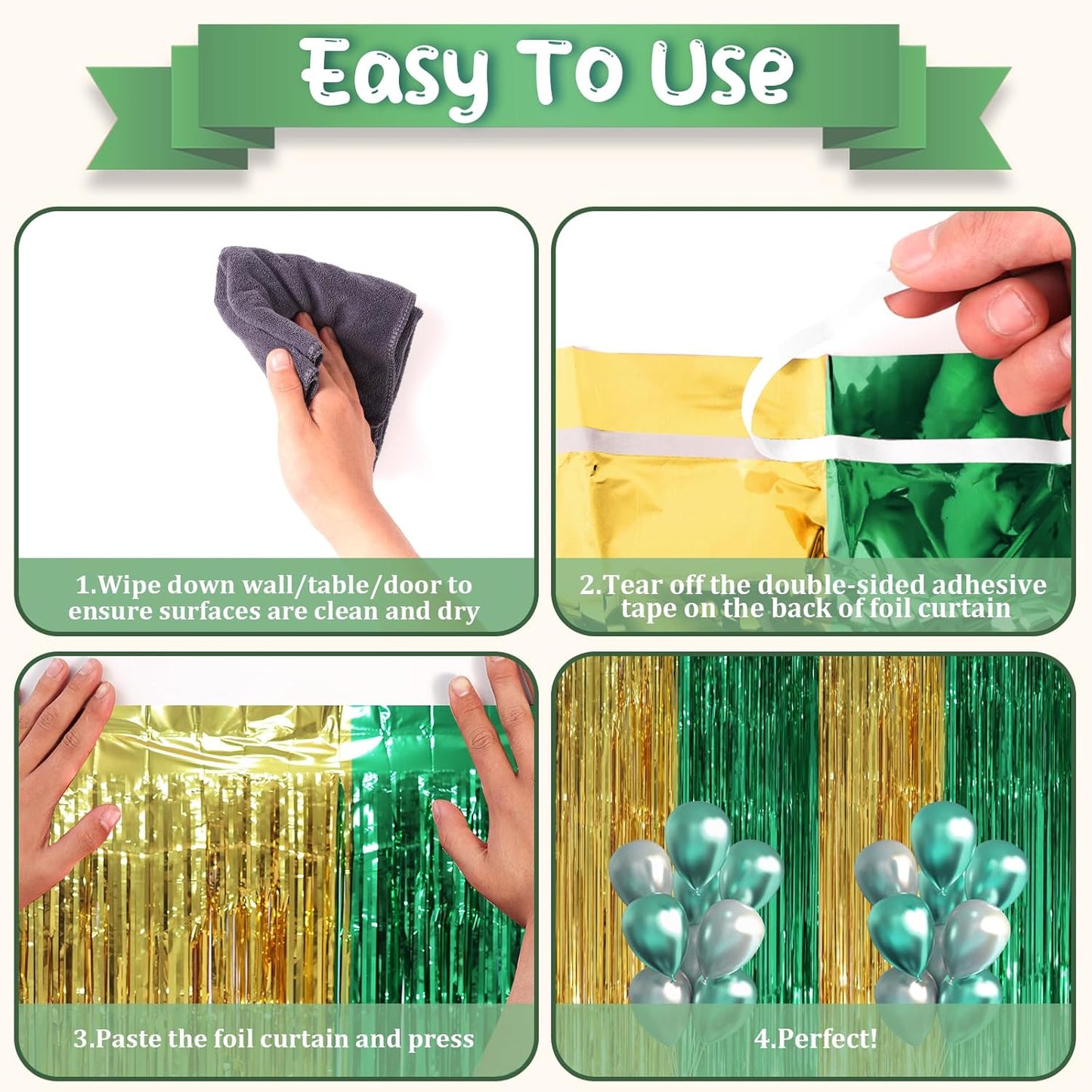 Voircoloria Green and Gold Foil Fringe Backdrop Curtains - 3 Pack Tinsel Streamers for Parties | 3.3 x 8.2 ft