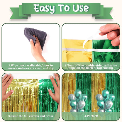 Voircoloria Green and Gold Foil Fringe Backdrop Curtains - 3 Pack Tinsel Streamers for Parties | 3.3 x 8.2 ft