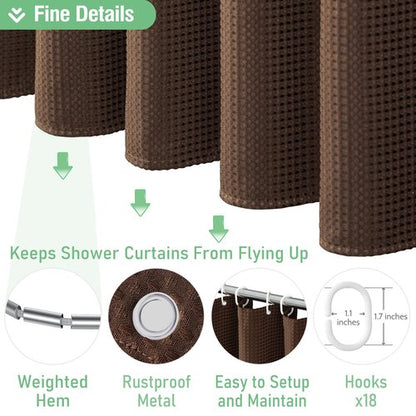 Dynamene Extra Wide Shower Curtain-108 Inch Wide Waffle Weave Weighted Thick Cloth Bathroom Shower Curtain, Neutral Heavy Duty Hotel Bath Curtain Set with 18 Plastic Hooks,108x72, Brown