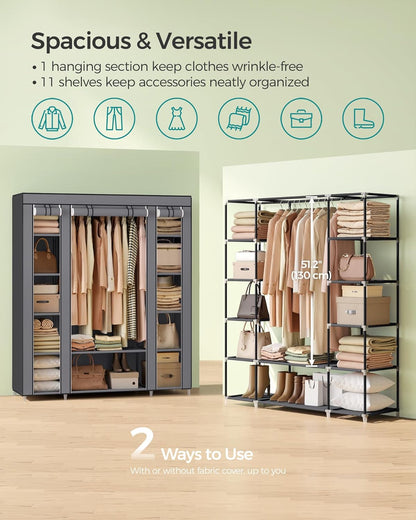 SONGMICS Portable Closet Wardrobe - Non-Woven Fabric Cover Clothes Organizer, 59 x 17.7 x 69 Inches, Gray