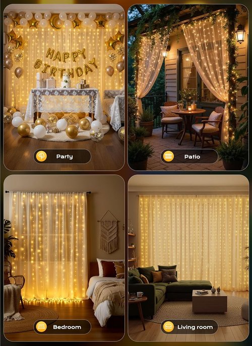 Brightown 300 LED Curtain Lights - 9.8 FT Fairy Lights with 8 Modes for Bedroom & Party Decor - Warm White