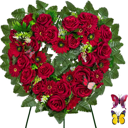 Regine Switzerland Cemetery Wreath - Heart-Shaped Memorial Floral with 30-Inch Easel Stand | Red Rose Design
