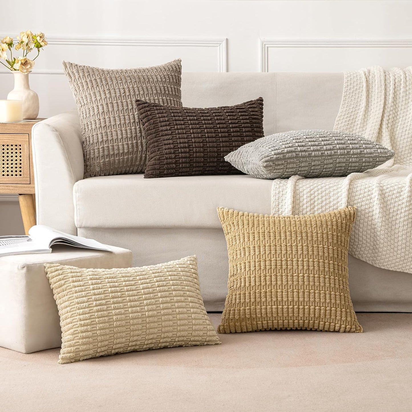 MIULEE Corduroy Throw Pillow Covers - Soft Boho Striped Design | 16x16 Inch Tan for Modern Farmhouse Decor
