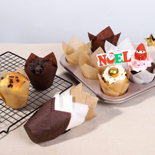 Bake Choice Tulip Cupcake Liners - 200 Pcs Unbleached Natural Baking Cups in Brown & White