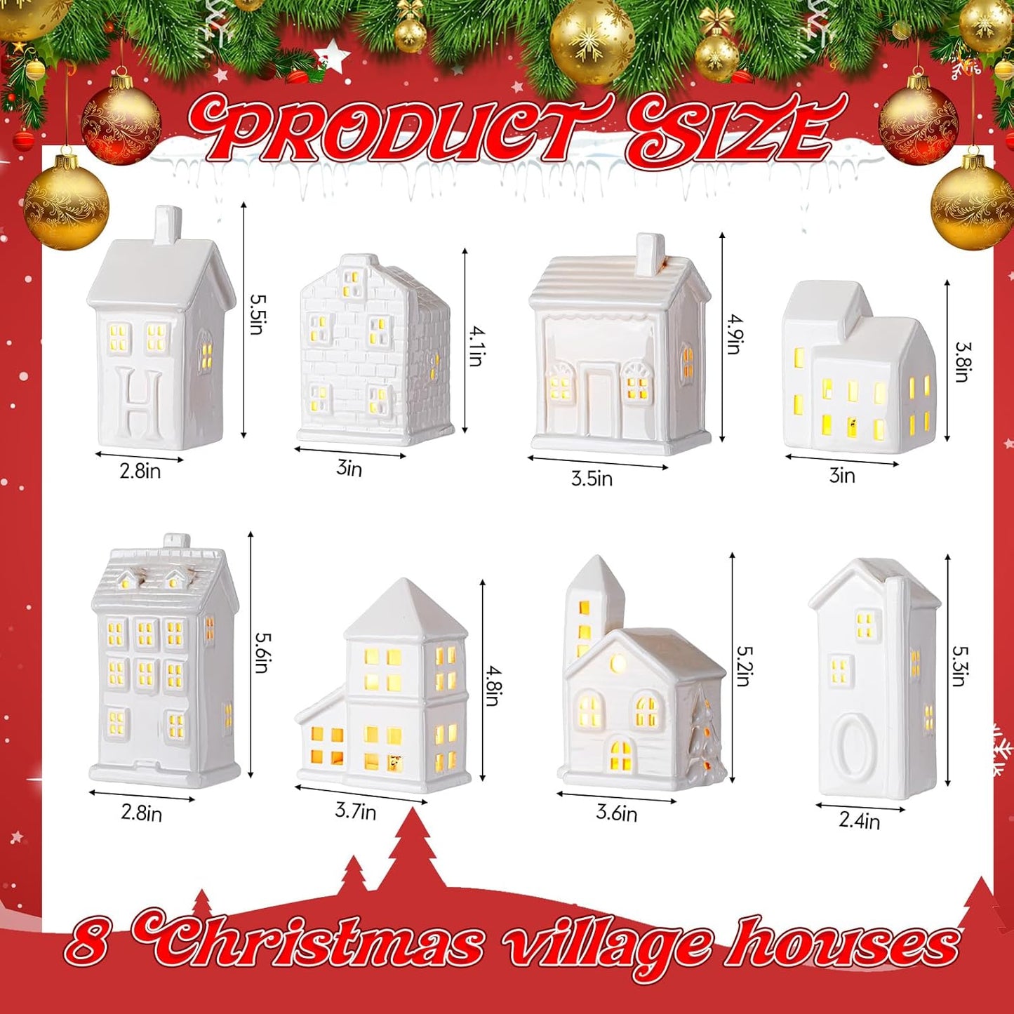 Soaoo 29-Piece Ceramic Christmas Village Set - 8 LED Houses, 12 Trees, 4 Snowmen & Benches | Festive Tabletop Decor