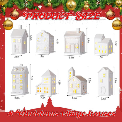 Soaoo 29-Piece Ceramic Christmas Village Set - 8 LED Houses, 12 Trees, 4 Snowmen & Benches | Festive Tabletop Decor