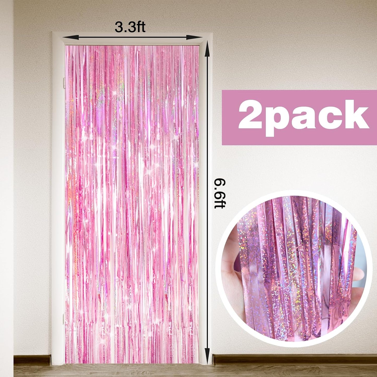 Skiennix Shiny Pink Tinsel Foil Fringe Curtains - 2 Pack Party Backdrop for Birthdays & Showers