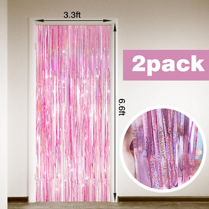 Skiennix Shiny Pink Tinsel Foil Fringe Curtains - 2 Pack Party Backdrop for Birthdays & Showers