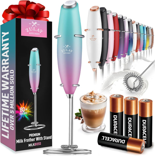 Zulay Kitchen Milk Frother Wand - Ultra-Fast Handheld Drink Mixer with 4 AA Batteries - Pink Spritz