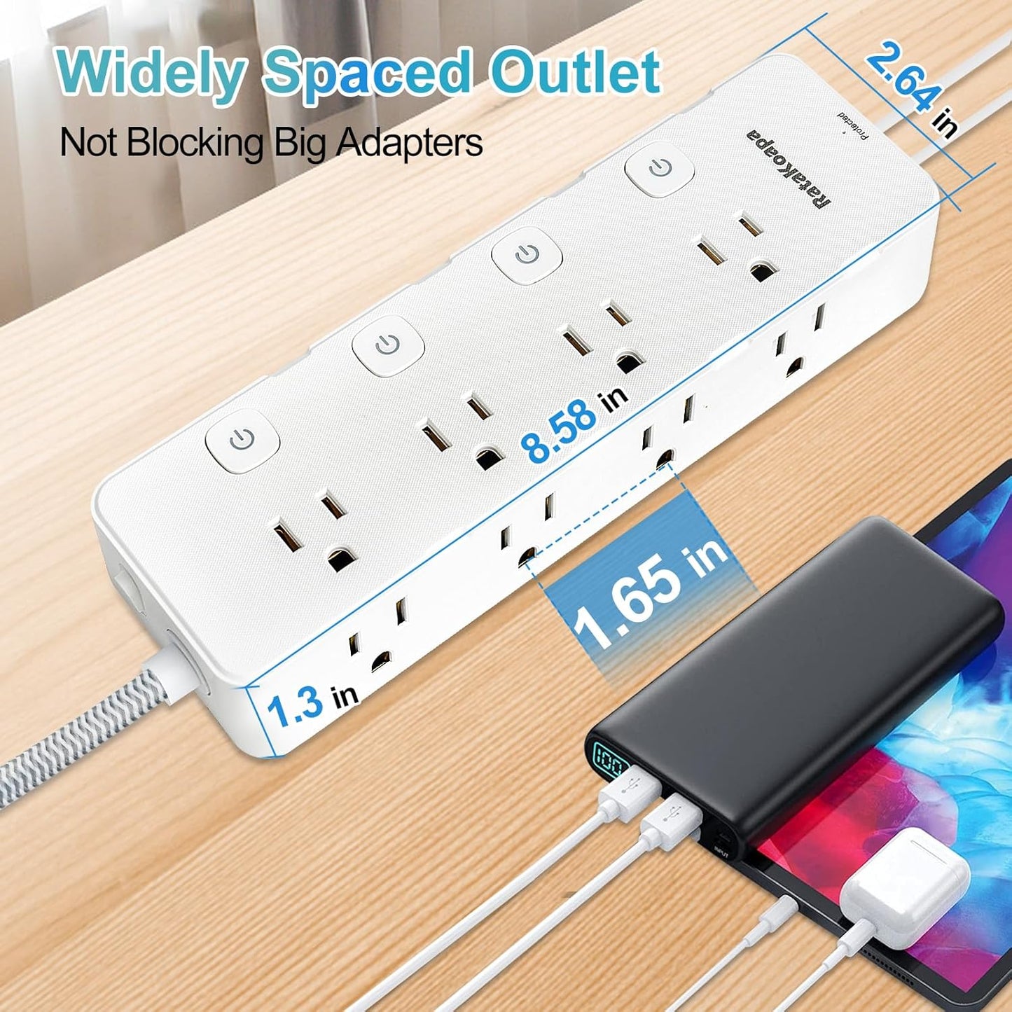 Skiennix 10 Ft Surge Protector Power Strip - 8 AC Outlets & 4 USB Ports | Flat Plug with Individual Switches for Home & Office