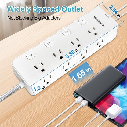 Skiennix 10 Ft Surge Protector Power Strip - 8 AC Outlets & 4 USB Ports | Flat Plug with Individual Switches for Home & Office