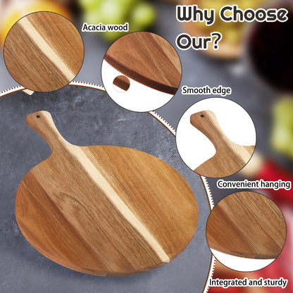 Sliner 6 Pcs Acacia Wood Cutting Board Bulk 0.6 Inch Thick Round Charcuterie Board with Handle Large Wooden Chopping Paddle for Cutting Pizza Cheese Meat Fruit(12 x 16 Inch)