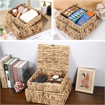 Regine Switzerland Set of 2 Handwoven Water Hyacinth Baskets - Decorative Storage Bins with Lids for Organizing