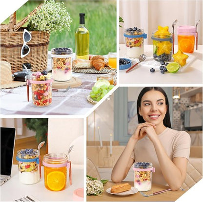 Glass Mason Jars by [Brand Name] - 16 oz Overnight Oats Containers with Airtight Lids & Spoons - 6 Pack