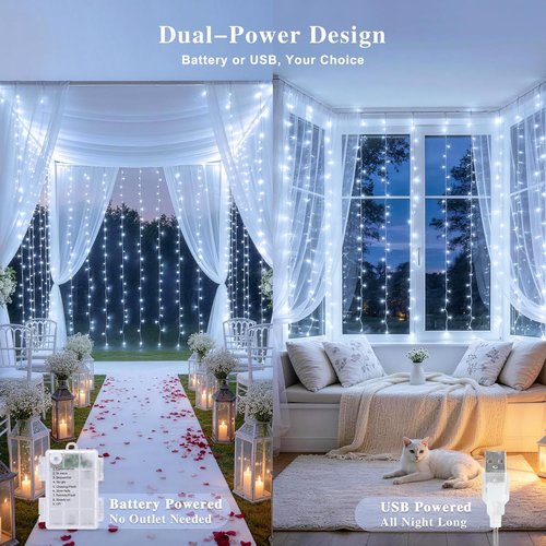 JMEXSUSS 200 LED Fairy Curtain Lights - Battery Operated & USB Plug-In | 8 Modes, Waterproof for Wedding & Party Decor, White