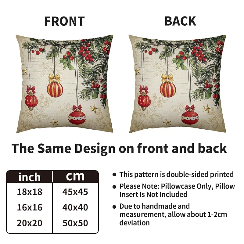 Vintage Christmas Tree Pillow Covers 18x18 Inches - Set of 2, Red & Green