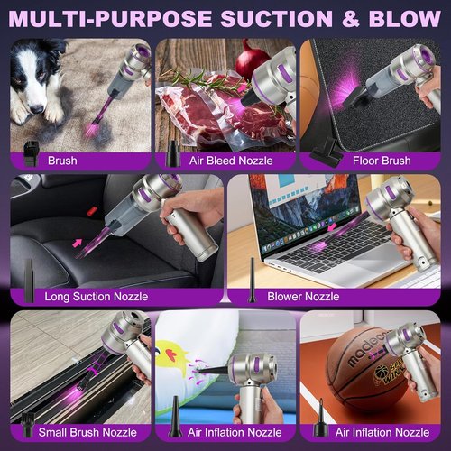 Handheld Car Vacuum - 18000PA High Power Cordless with 4-in-1 Air Duster & Rechargeable Mini Vacuum | Silver Grey & Purple