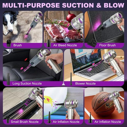 Handheld Car Vacuum - 18000PA High Power Cordless with 4-in-1 Air Duster & Rechargeable Mini Vacuum | Silver Grey & Purple