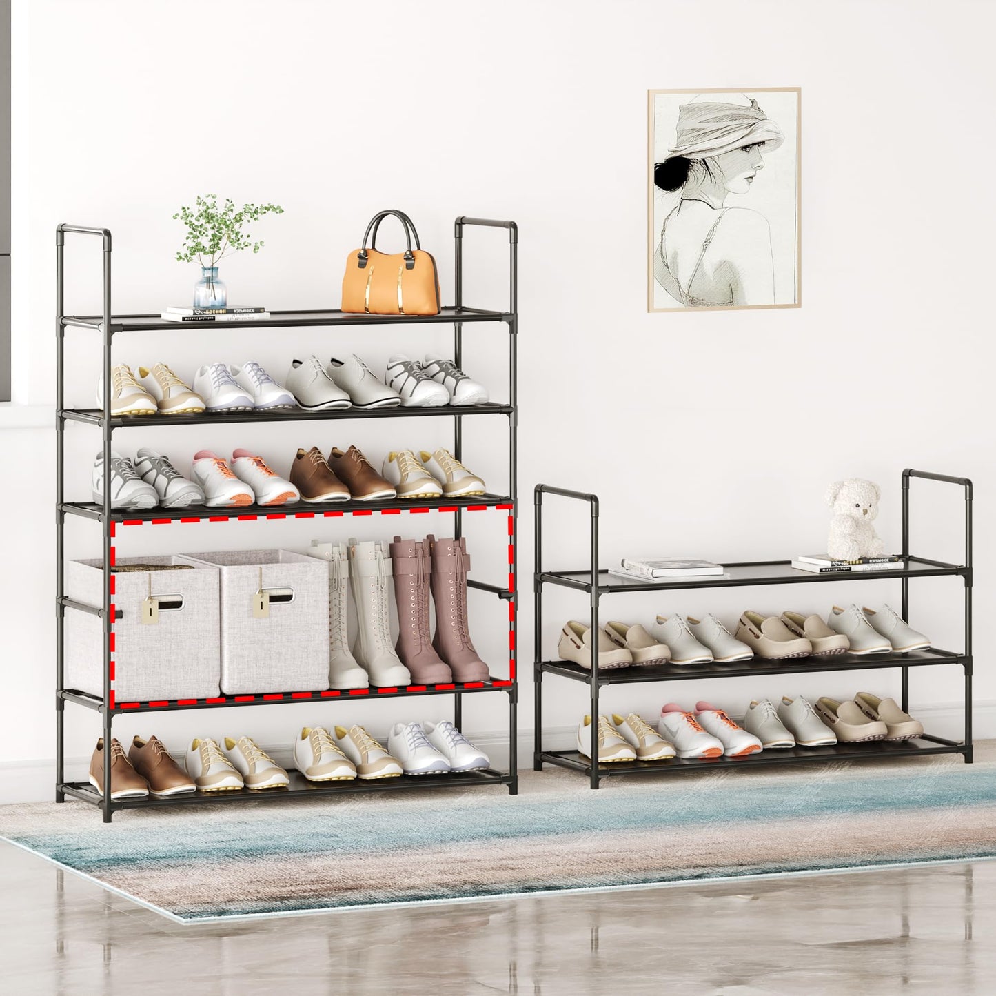 Vockot 3-Tier Stackable Shoe Rack, Sturdy & Durable Long Shoe Shelf Storage Organizer for Entryway, Bedroom, Floor,10-12 Pairs of Shoes,Black