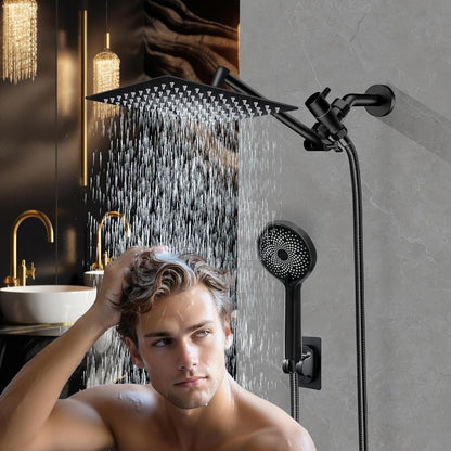 Skiennix 10” Rain Shower Head - High Pressure Handheld Spray Combo with Adjustable Arm | Matte Black Finish