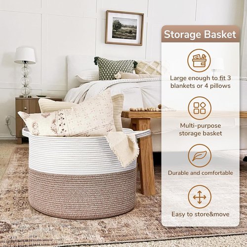 Goodpick Large Woven Rope Storage Basket - 83L Capacity for Blankets & Dorm Essentials | 21.7 x 13.8 Inches
