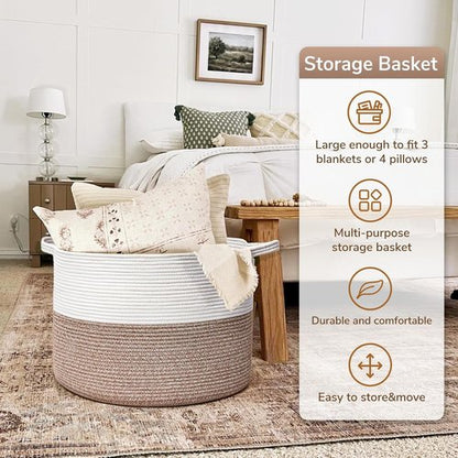 Goodpick Large Woven Rope Storage Basket - 83L Capacity for Blankets & Dorm Essentials | 21.7 x 13.8 Inches