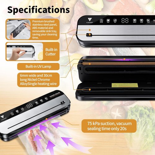 CALOOP Food Vacuum Sealer Machine - Powerful 80 Kpa Food Saver with 20 Seal Bags & Digital Timer | Compact Design