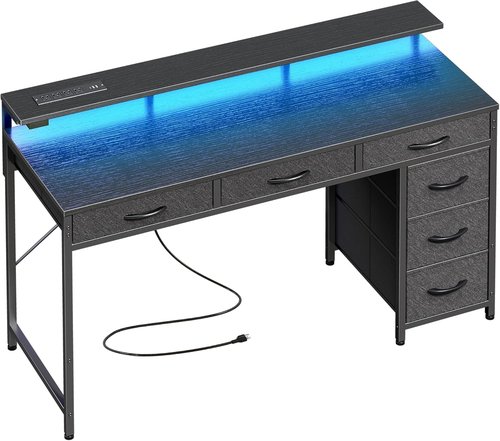 Huuger Gaming Desk - 47 Inch Computer Desk with LED Lights & Power Outlets | Black with 6 Drawers
