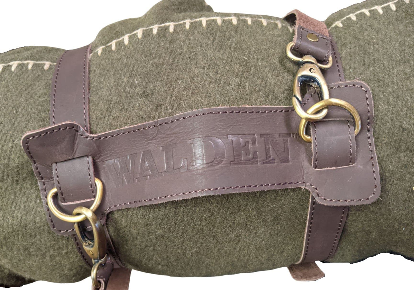 Walden Backyards Fireside Wool Blanket with Leather Carrying Strap (Olive Green with Brown Leather Carrier)