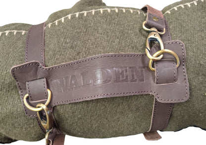 Walden Backyards Fireside Wool Blanket with Leather Carrying Strap (Olive Green with Brown Leather Carrier)