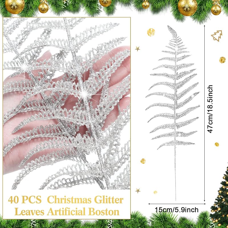 Christmas Glitter Leaves Picks 20 Pcs - Silver Abstract Leaves for Tree, Wreaths, Decor (Variation: Silver+20)