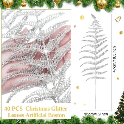 Christmas Glitter Leaves Picks 20 Pcs - Silver Abstract Leaves for Tree, Wreaths, Decor (Variation: Silver+20)