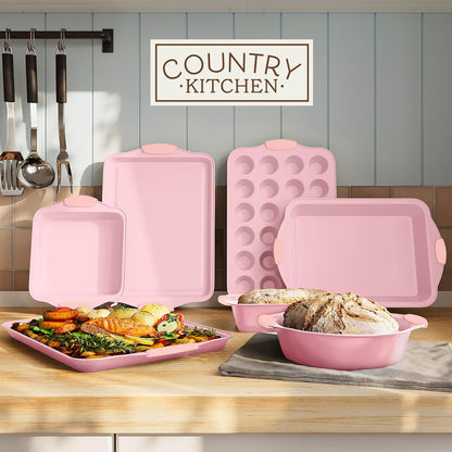 Country Kitchen Nonstick Bakeware Set - Heavy Duty, Durable & Easy Release, Pink | 10 Pieces