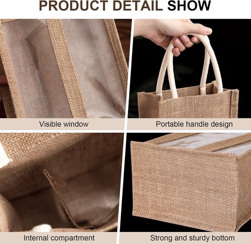 (2-Pack) Reusable 2-Bottle Wine & Champagne Gift Bag Set - Burlap with PVC Window & Handle, 2-Compartment Design for Travel, Weddings, Parties
