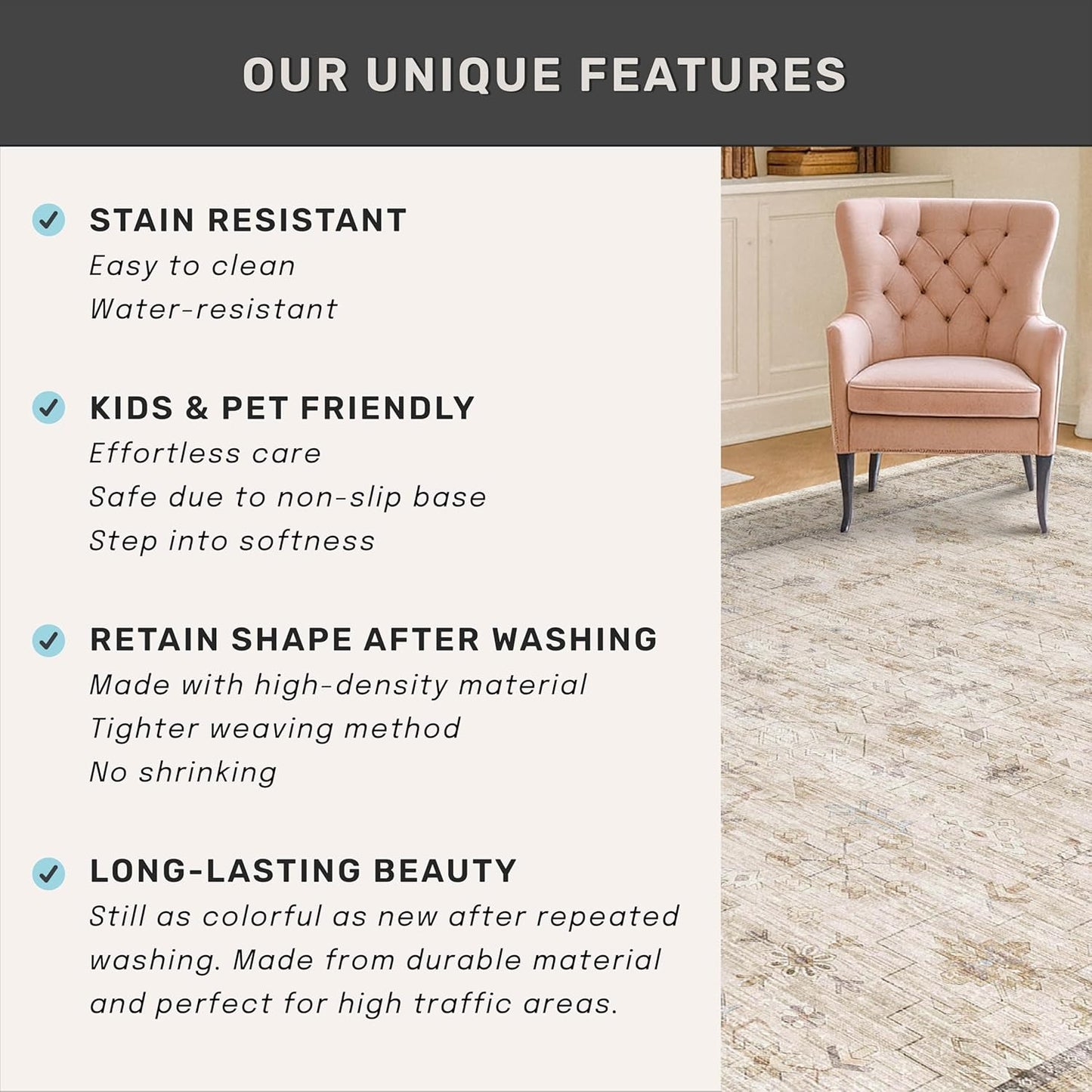 Skiennix Beige Floral Washable Area Rug - 7x9 Non-Slip Soft Geometric Carpet for Living Room & Dining Room