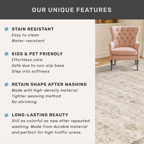 Beige 3x10 Washable Long Hallway Runner Rug Non Slip, Stain & Fade Resistant Farmhouse Kitchen Rug, Neutral Traditional Home Décor, Low Pile Non-Shedding Stain Resistant Oriental Carpet