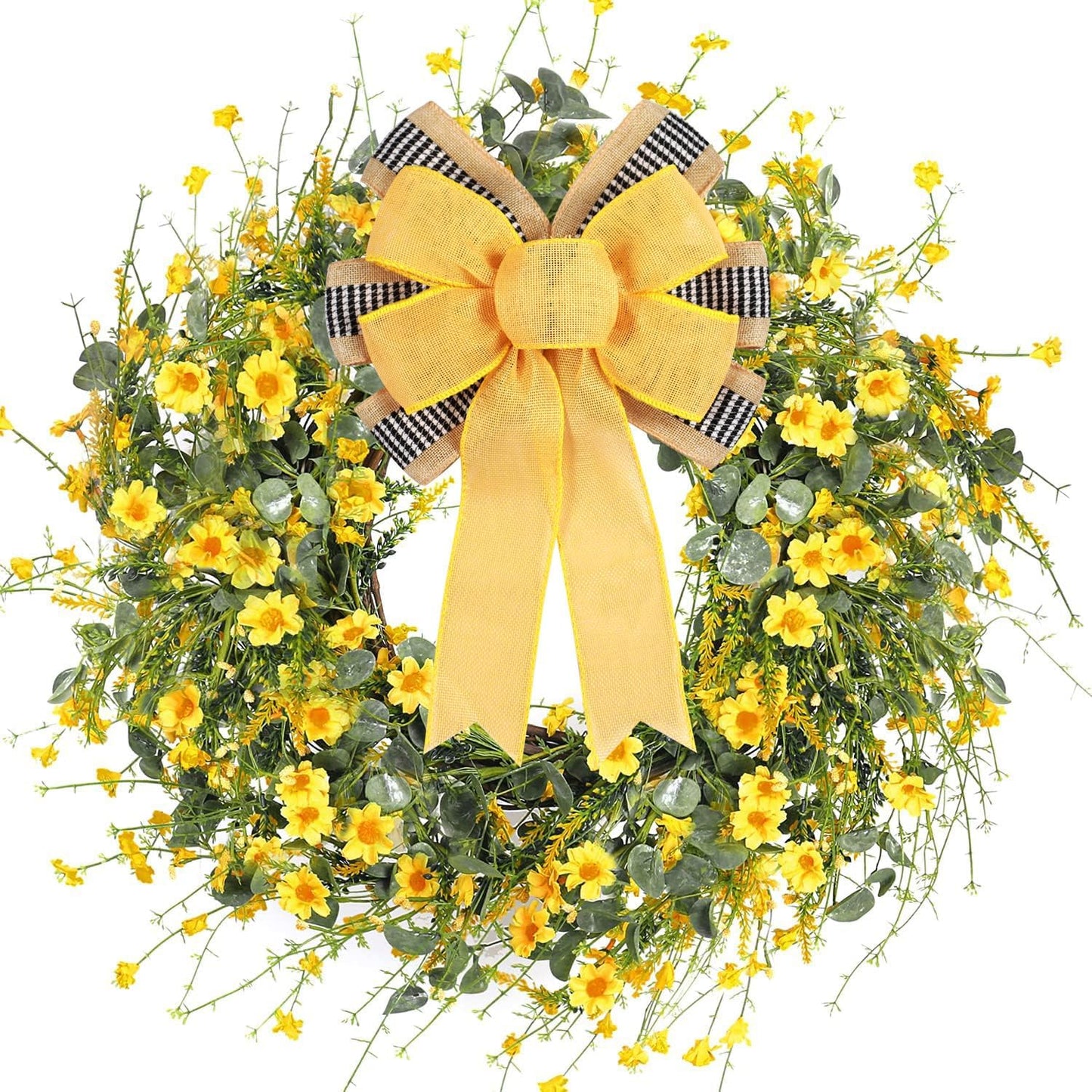 Skiennix Decorative Bow Set - 2 PCS Yellow Burlap & Black White Stripe for Holiday Wreaths | Outdoor Decor