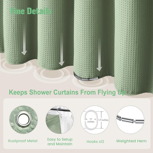 Dynamene Extra Long Shower Curtain and Liner Set - 96 inch Tall Waffle Fabric, Waterproof Clear Liner, Heavy Duty Weighted Hotel Luxury Shower Curtains for Bathroom with 12 Hooks, 72x96, Sage Green