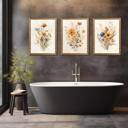 Framed Vintage Wildflower Canvas Wall Art - Set of 3 Rustic Floral Prints | 12" x 16" for Bedroom & Living Room