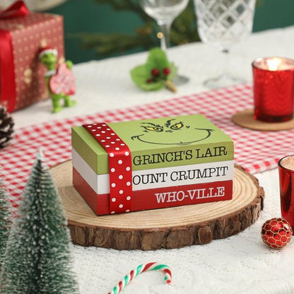 Grinch Christmas Decor - Wood Book Stack for Farmhouse Tiered Tray | Festive Home Table Accent
