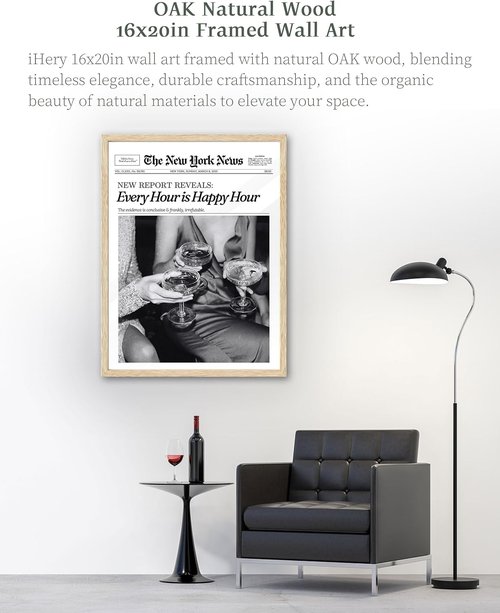 iHery Framed Newspaper Wall Art - Retro New York Prints in Natural Oak Wood | Large 16x20in Decor for Bedroom & Living Room